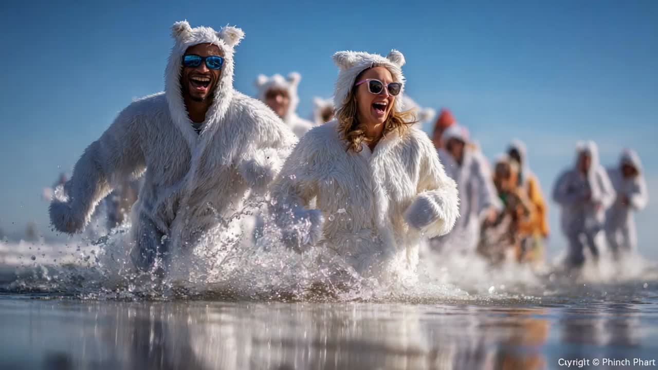 Joyful Group of Friends Having Fun in Fluffy Bear Costumes Running Through Shallow Ocean Water on a Sunny Day, Creating Splashes and Enjoying Each Other's Company in a Vibrant Atmosphere