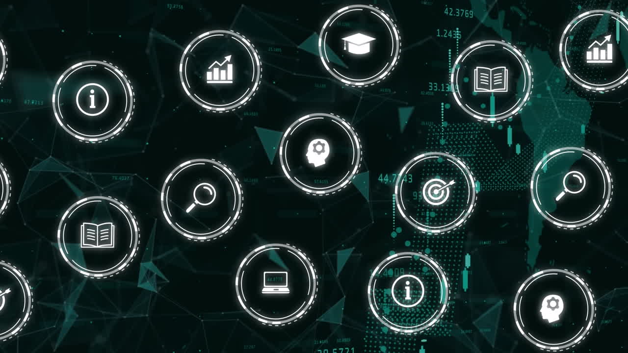 Animation of falling education icons over data processing on dark background