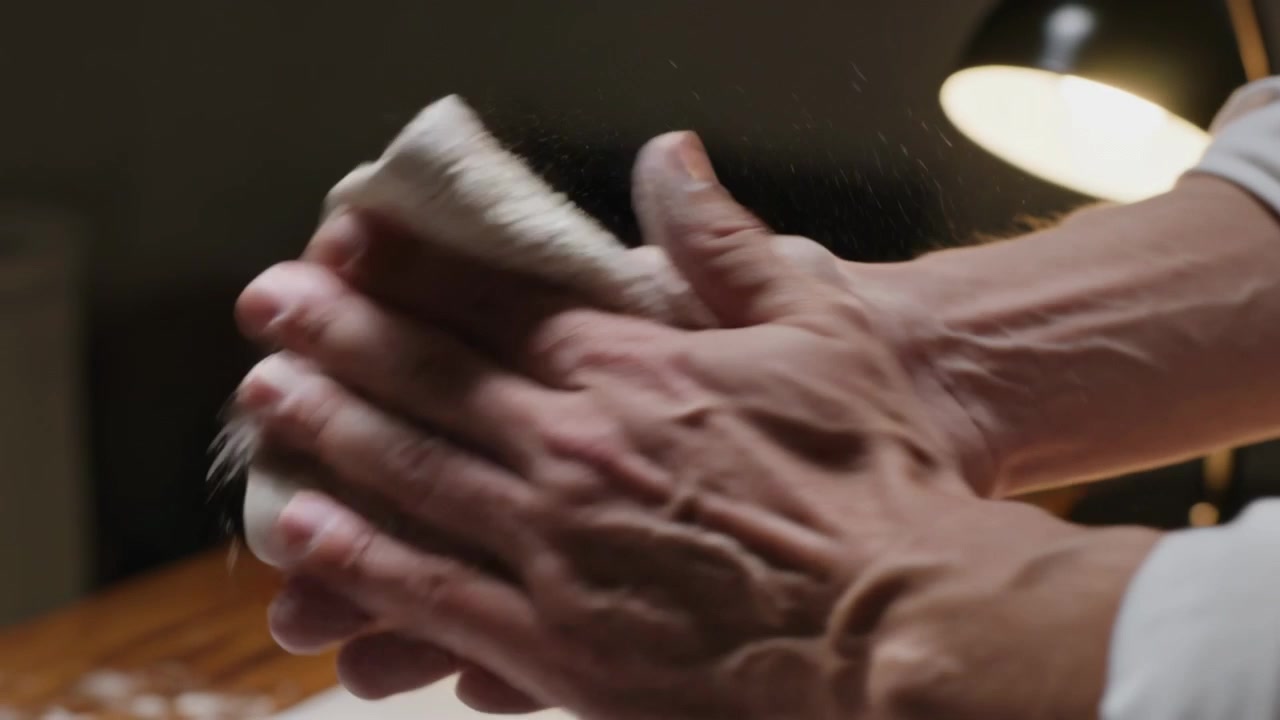 Holding powder, man with rolled sleeves rubbing cloth over palms at table, removing dust under lamp