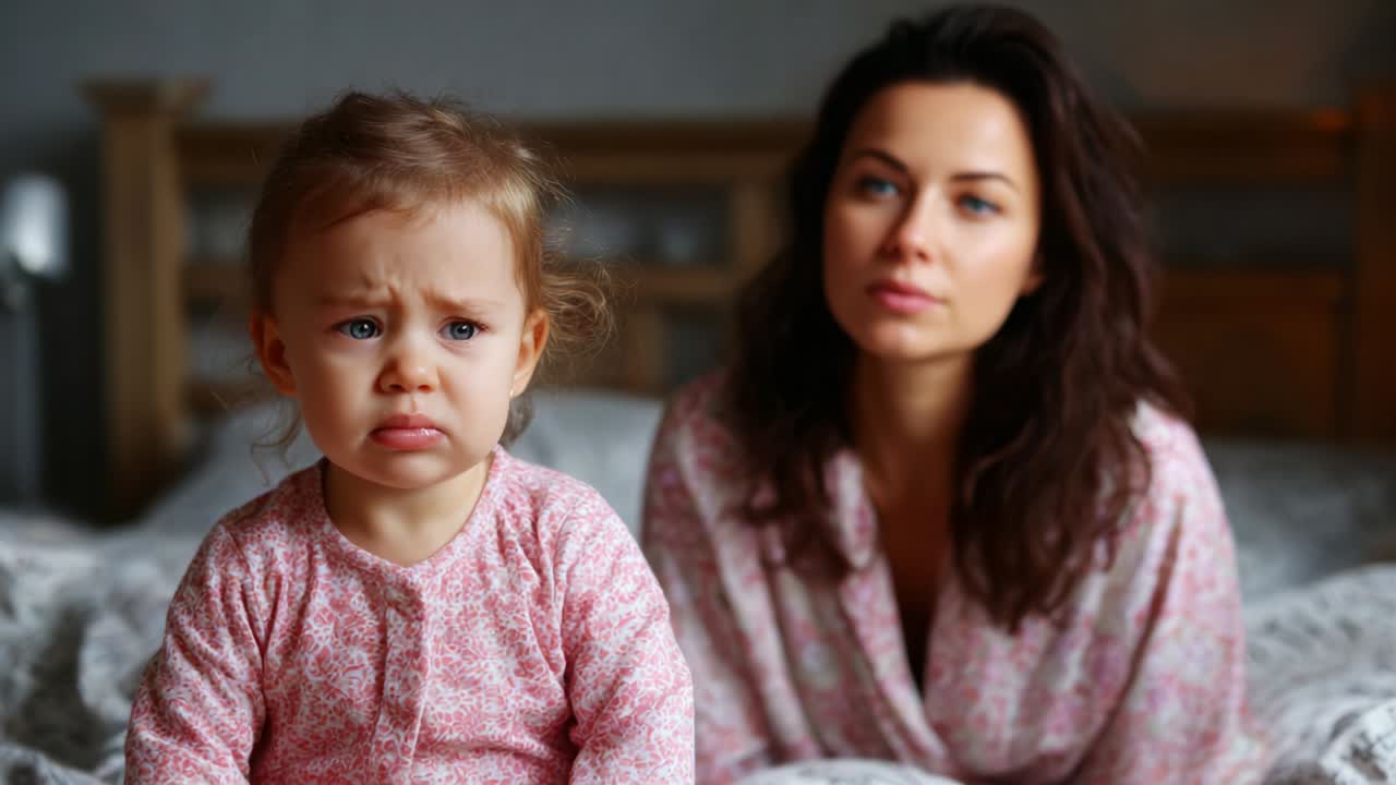 A Heartfelt Moment Between Mother and Child: Capturing the Emotions of a Little Girl's Sadness While Her Mother Observes, Highlighting the Connection and Love Between Them in a Cozy Setting