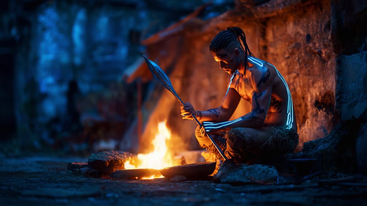 A lone figure sits in a tranquil setting, focused on a flickering fire, with intricate tattoos glowing softly, creating a captivating scene rich in warmth and mystery
