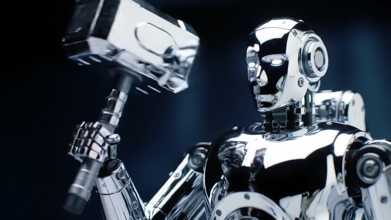 A Highly Detailed and Sleek Robotic Figure Holding a Hammer, Showcasing Advanced Robotics in a Futuristic Setting with Reflective Surfaces and Intricate Design Features