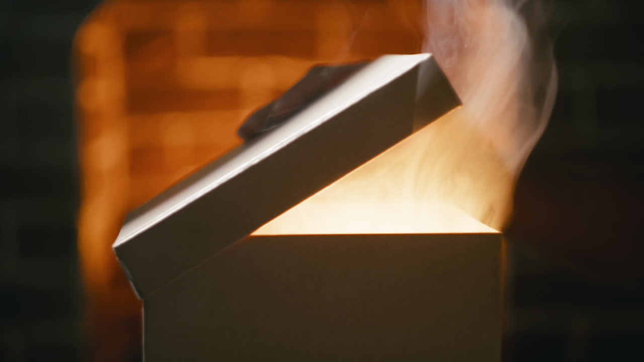 Hand opens Christmas gift package with smoke coming out from inside