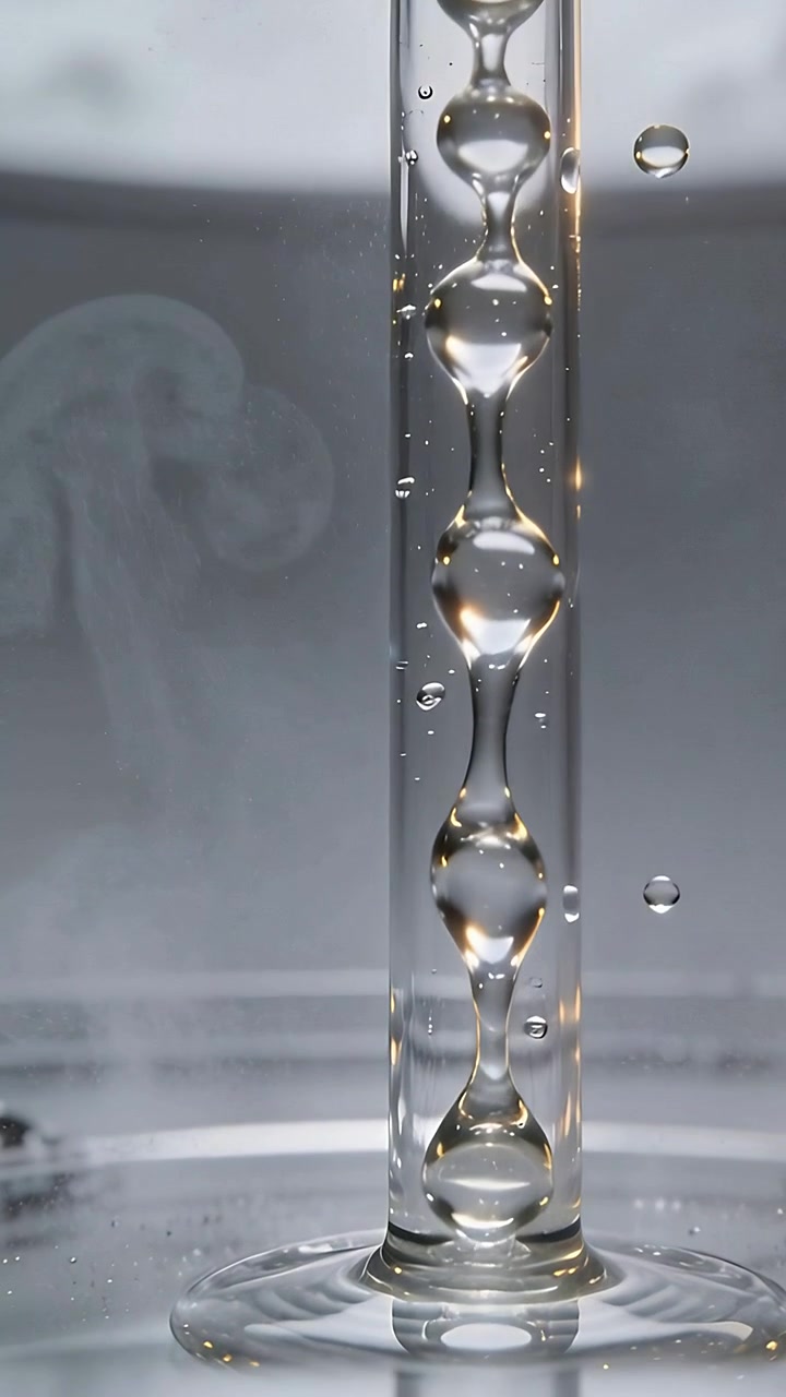 Video verticale: Colonna di liquido pulsante che sale all'interno di un tubo trasparente in laboratorio, increspature che creano impulsi