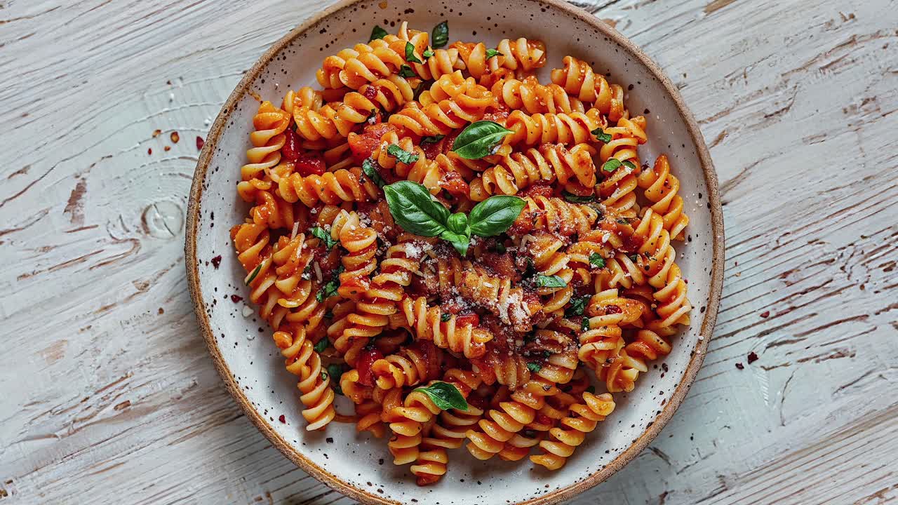 Delicious Fusilli Pasta Dish with Tomato Sauce and Fresh Basil