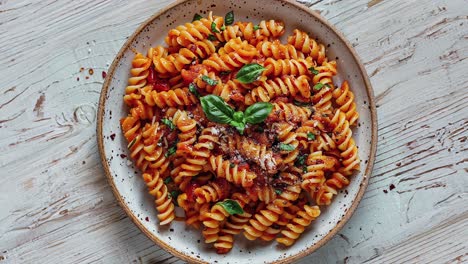 delicioso plato de pasta de fusilli con salsa de tomate y albahaca fresca