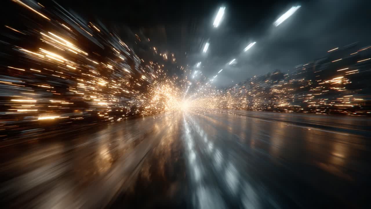 A mesmerizing visual journey through an electrifying display of sparkling lights and reflections, capturing the essence of dynamic movement and energy in a vivid atmosphere