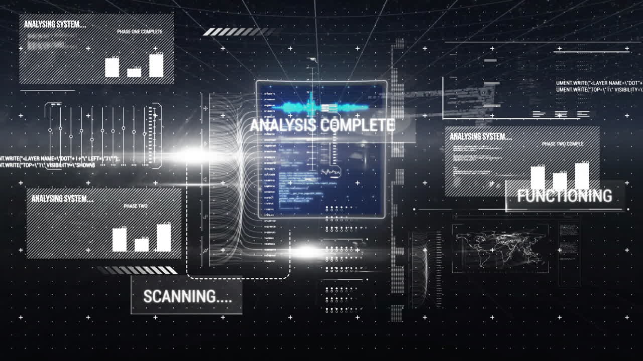 Analysis complete and scanning text animation over futuristic digital interface