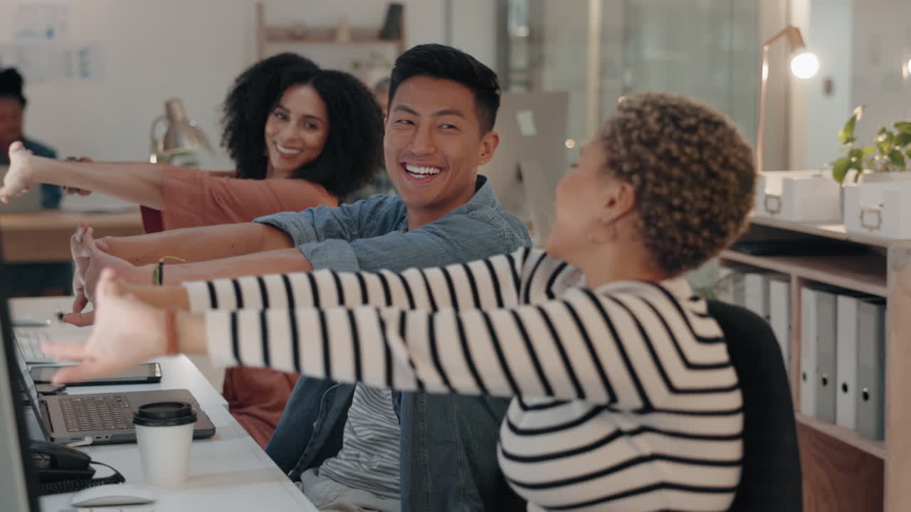 Business stretching and hand with computer