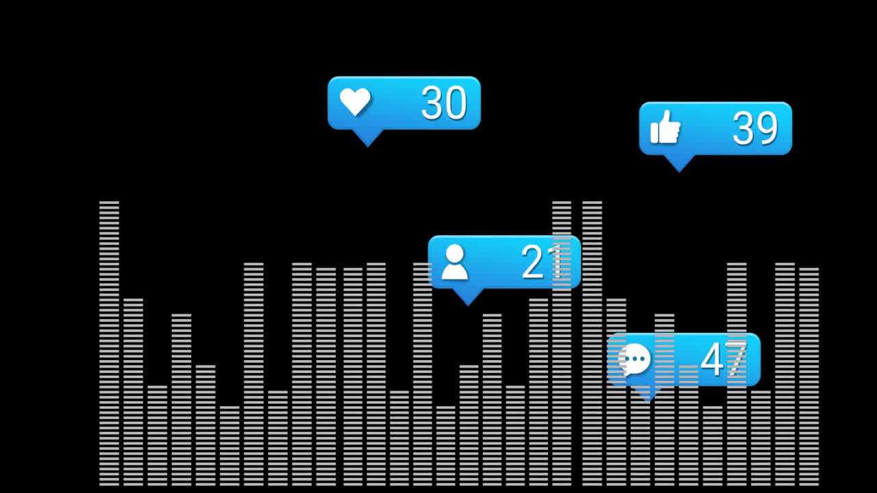 Social media notifications and likes animation over digital equalizer bars