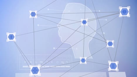 web of connections icons against human head model