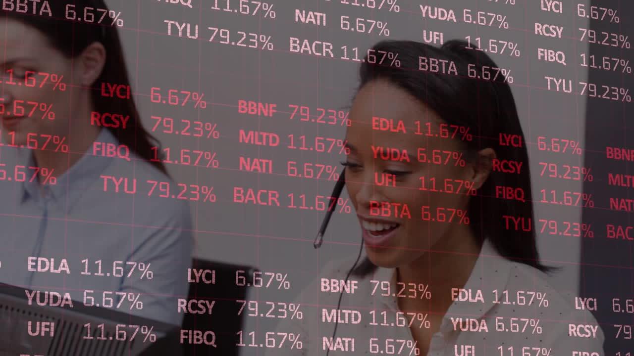 Animation of trading board over multiracial customer representative talking over headphones