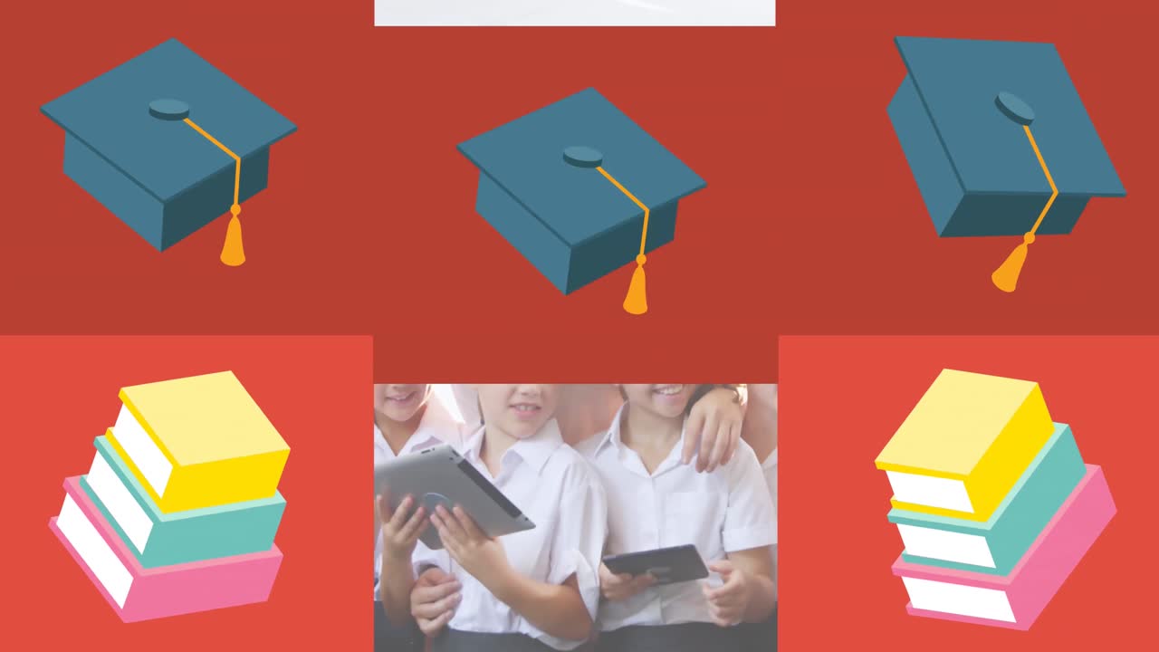 animación de libros escolares y sombreros de graduación sobre los escolares utilizando tableta y cuadrados rojos