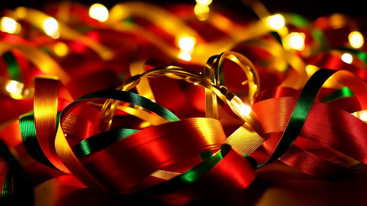 Shifting focus, camera showing red ribbons and warm bulbs on dark tabletop, highlighting lit bulb