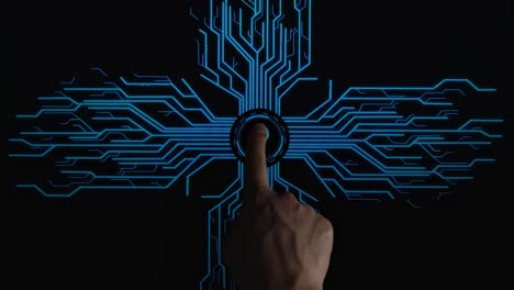 top view, human finger pushes touch digital the light bulb with futuristic artificial intelligence spreading through internet. visualization of machine learning, computer technology, neural network