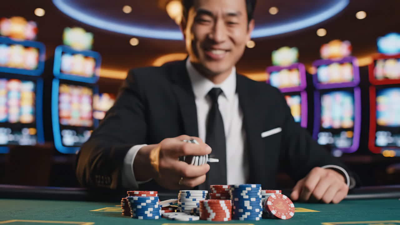 Man playing poker with chips at a casino table