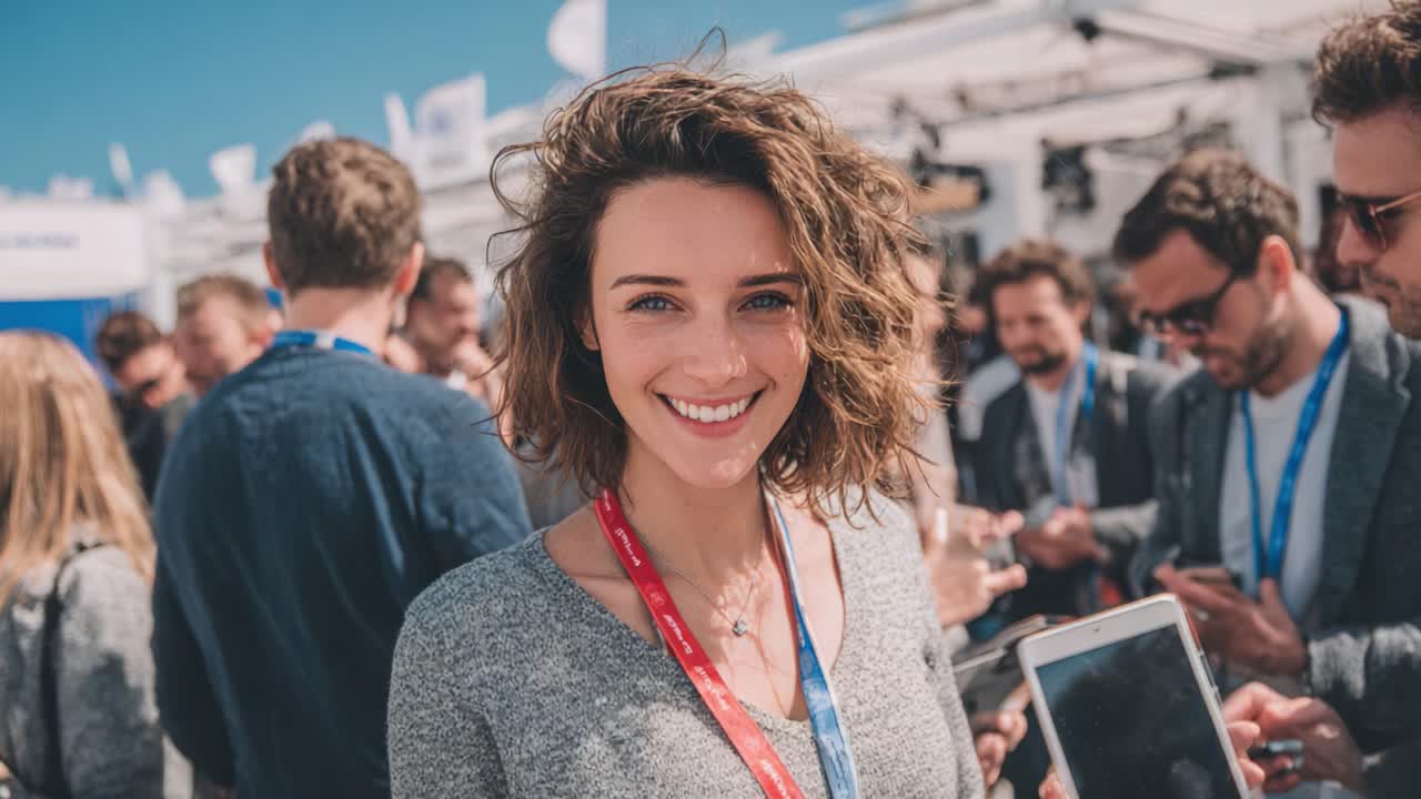 A vibrant scene capturing a smiling woman with curly hair in a lively outdoor setting, surrounded by people, showcasing engagement and connection with technology and others