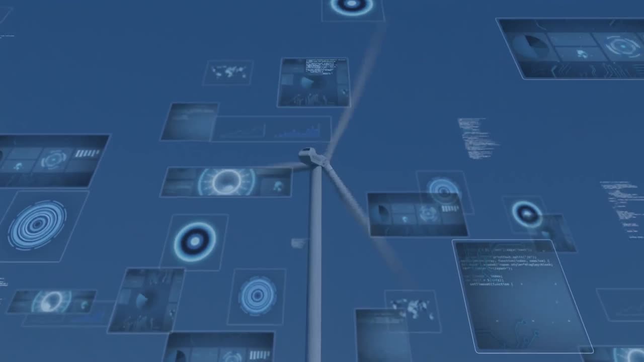 Animation of data processing with scope scanning over wind turbine