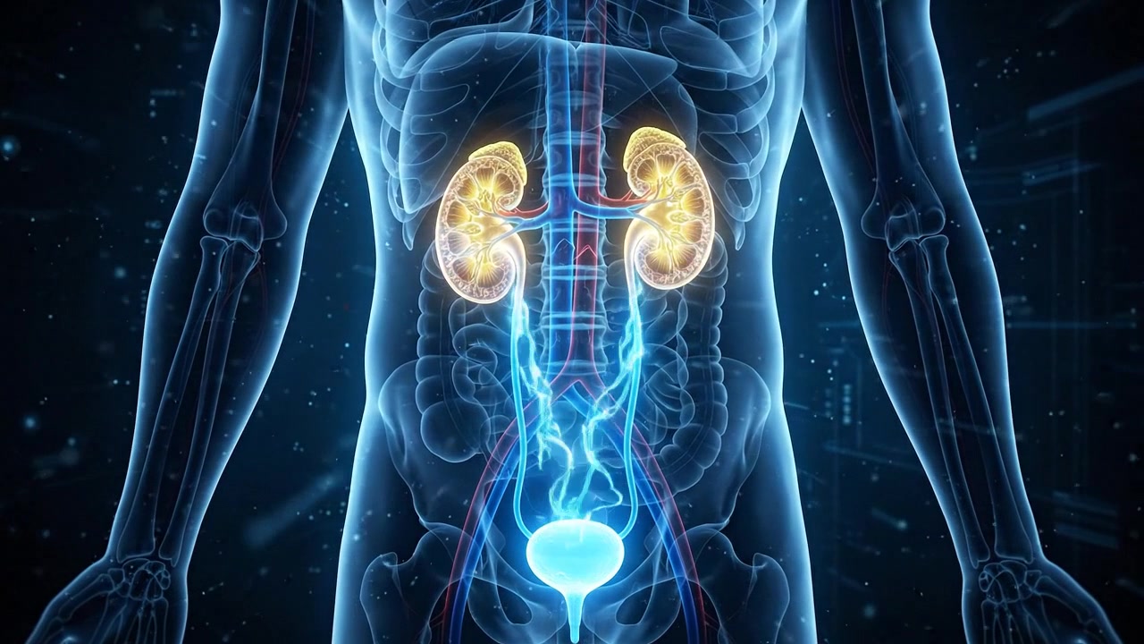 Medical Animation of Human Urinary System with Glowing Kidneys