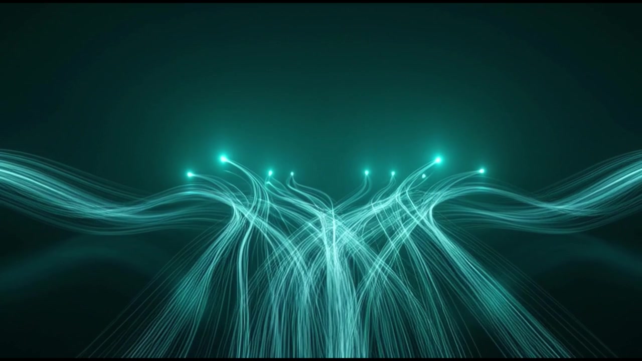Abstrakte motion graphics af glødende turkise lysspor og datastrømme