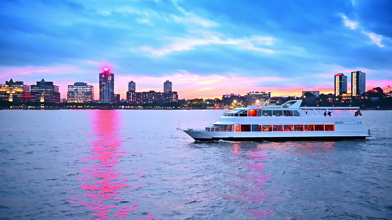 River travel by the Hudson on board of the modern riverboat. Beautiful buildings with lights on at backdrop. New York, USA