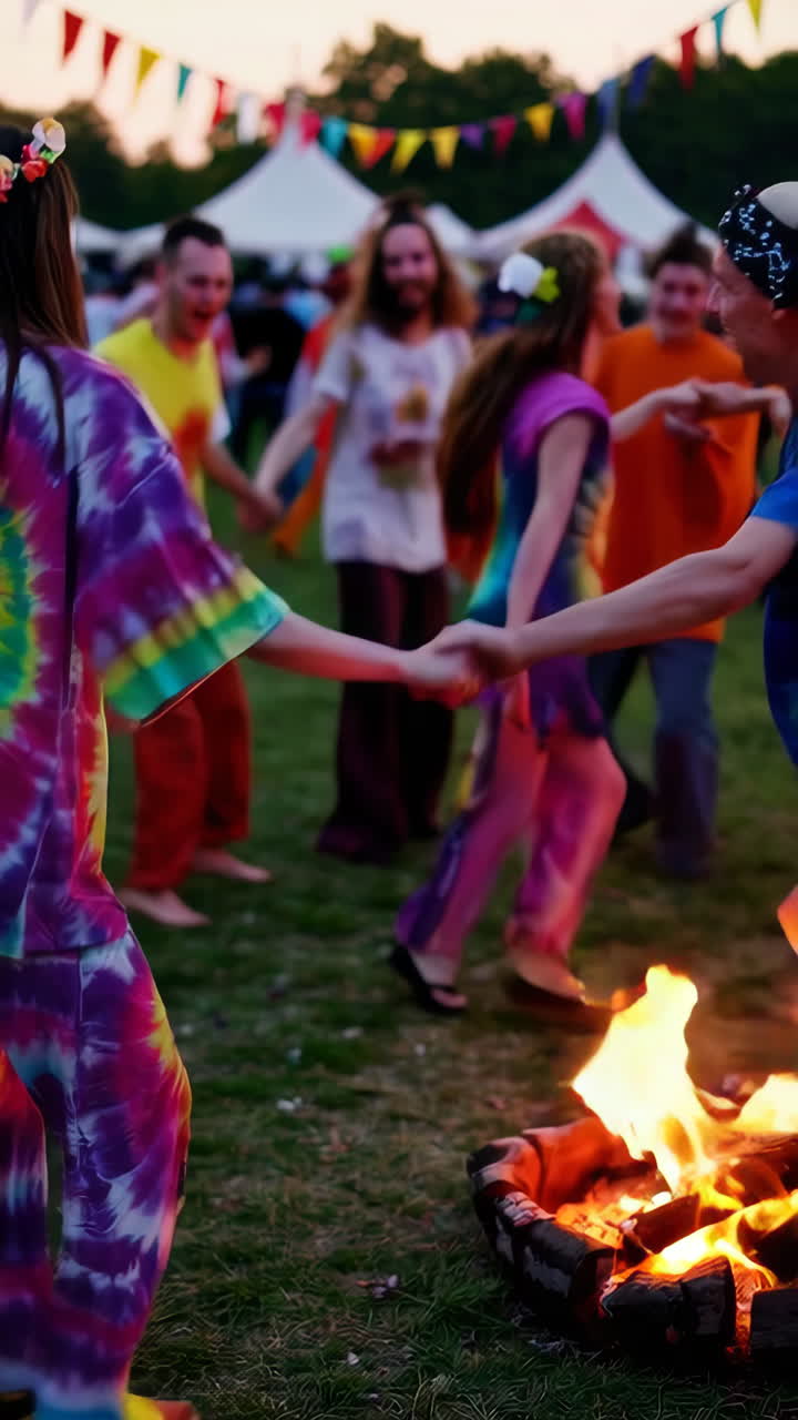People Dancing Around a Campfire at a Summer Festival