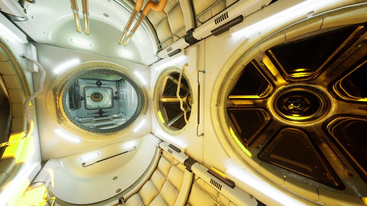 Space station details panoramic view of station with hatches and niches