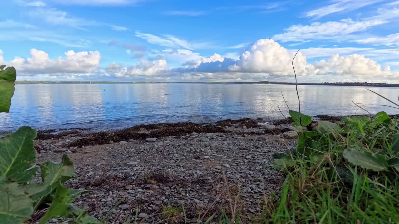 Pebble beach shoreline plants time lapse with clouds floating over the blue ocean tide