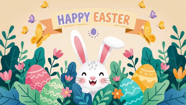 Animated happy easter greeting with bunny and eggs