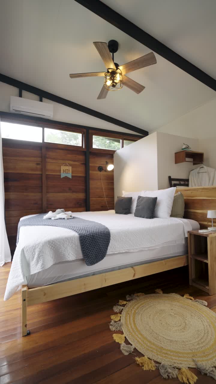 Modern bedroom interior with wooden accents