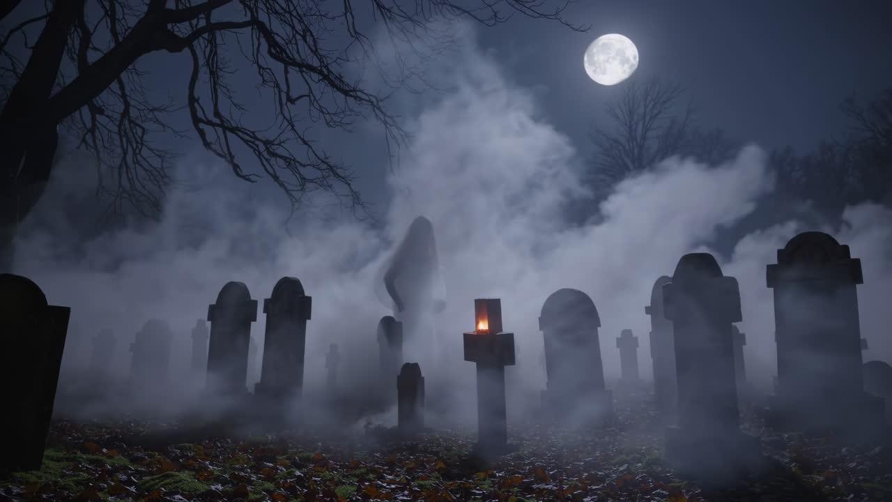 Eerie graveyard scene unfolds under a full moon, with mist swirling around gravestones, revealing a mysterious figure emerging from the fog, enhancing the haunting atmosphere