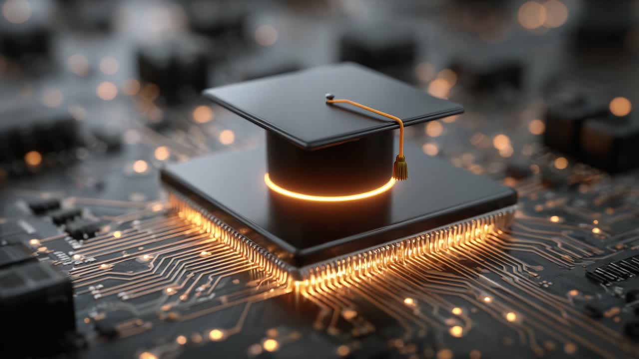 A fusion of education and technology, showcasing a graduation cap resting on a microprocessor, symbolizing the future of learning through digital advancements and innovation