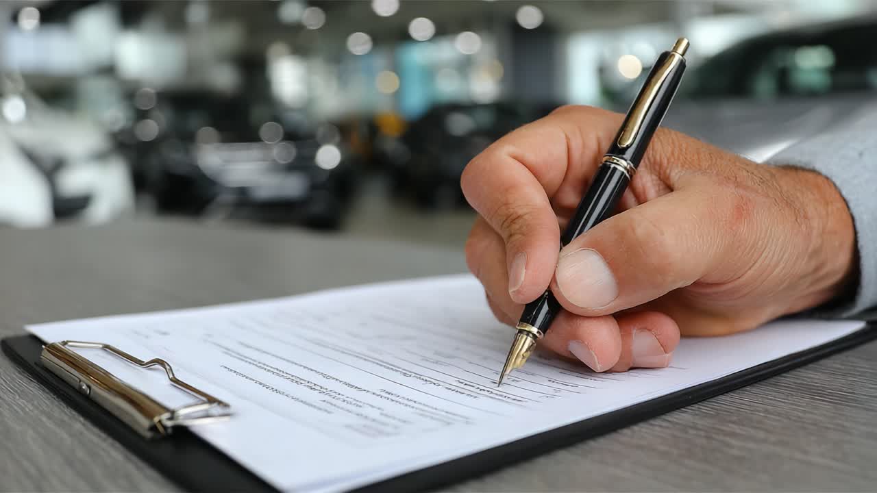 Un primo piano di una mano che firma un documento con una penna in una concessionaria auto, catturando l'essenza del processo di acquisto e della transazione.