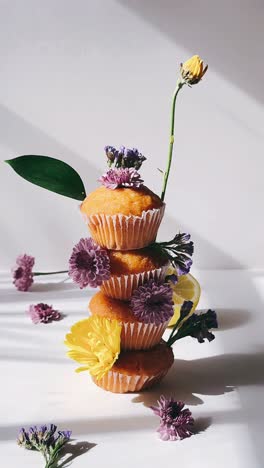 stack of cupcakes decorated with flowers and lemon