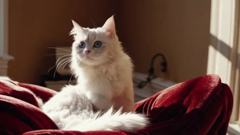 white fluffy cat relaxing on a red velvet chair