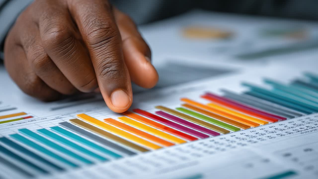 Analyzing Data Trends: A Close-Up on Graphical Representations of Numerical Information, Showing a Hand Interacting with Colorful Data Charts in a Business Context