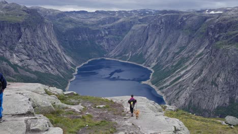 man and dog hiking to cliff edge with stunning fjord and norway mountains ahead, trolltunga