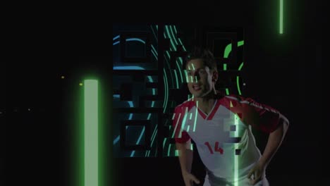 Animation-Von-Neon-QR-Code-über-Einem-Kaukasischen-Männlichen-Fußballspieler,-Der-Den-Ball-Auf-Schwarzem-Hintergrund-Anführt