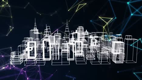 animation of network of connections over 3d cityscape drawing