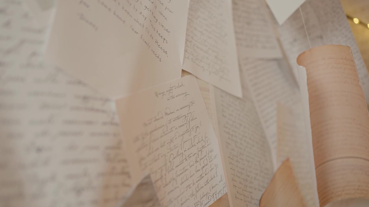 Nahaufnahme von handgeschriebenen Briefen und Notizen, die zusammengeheftet sind und Nostalgie und Intimität vermitteln – Zeitlupe.