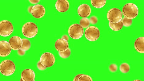 animación de monedas litecoin en cascada contra un telón de fondo verde vibrante, creando un efecto visual dinámico y animado