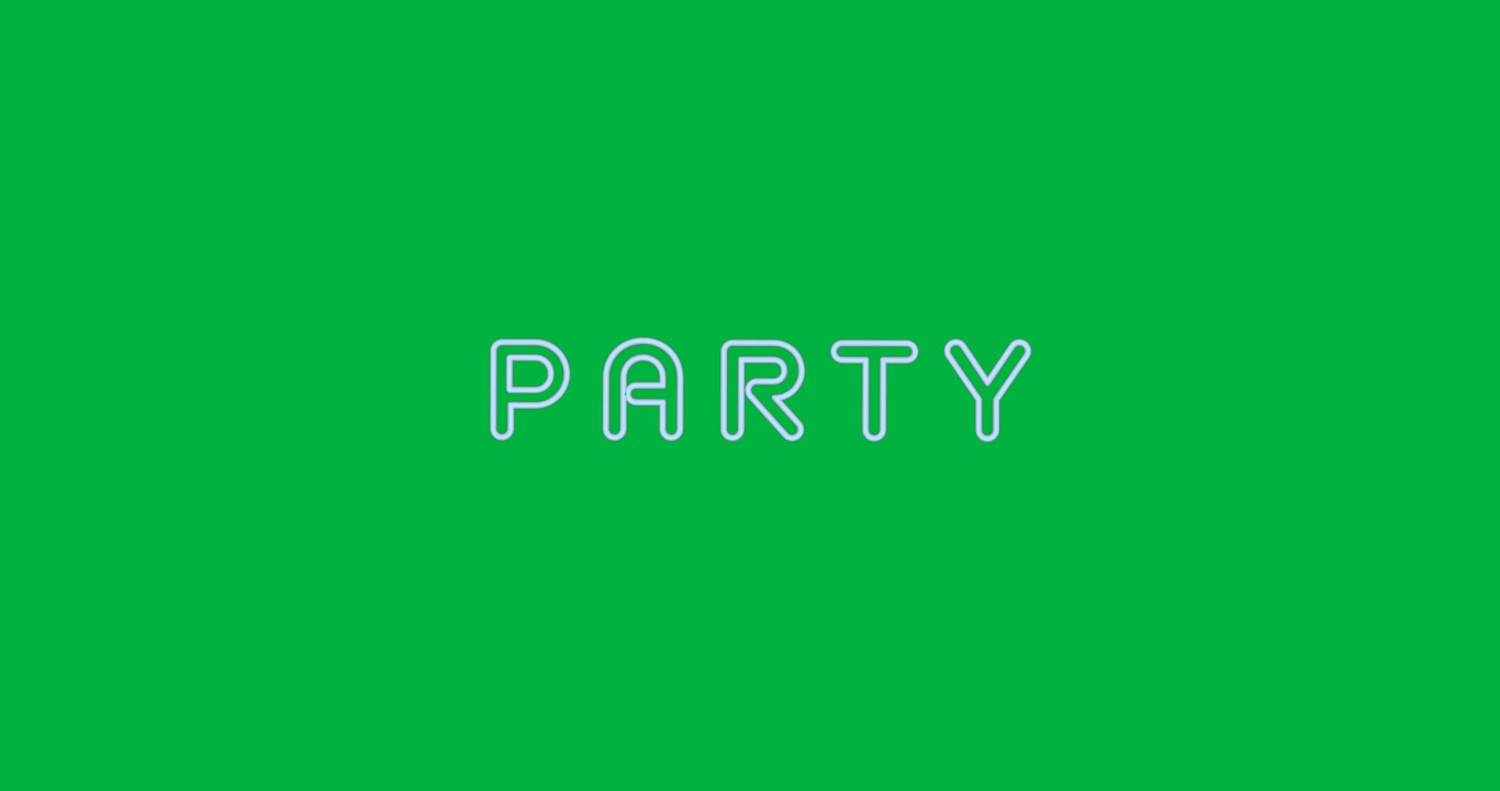 Animazione digitale di un banner testuale "party" al neon su sfondo nero.