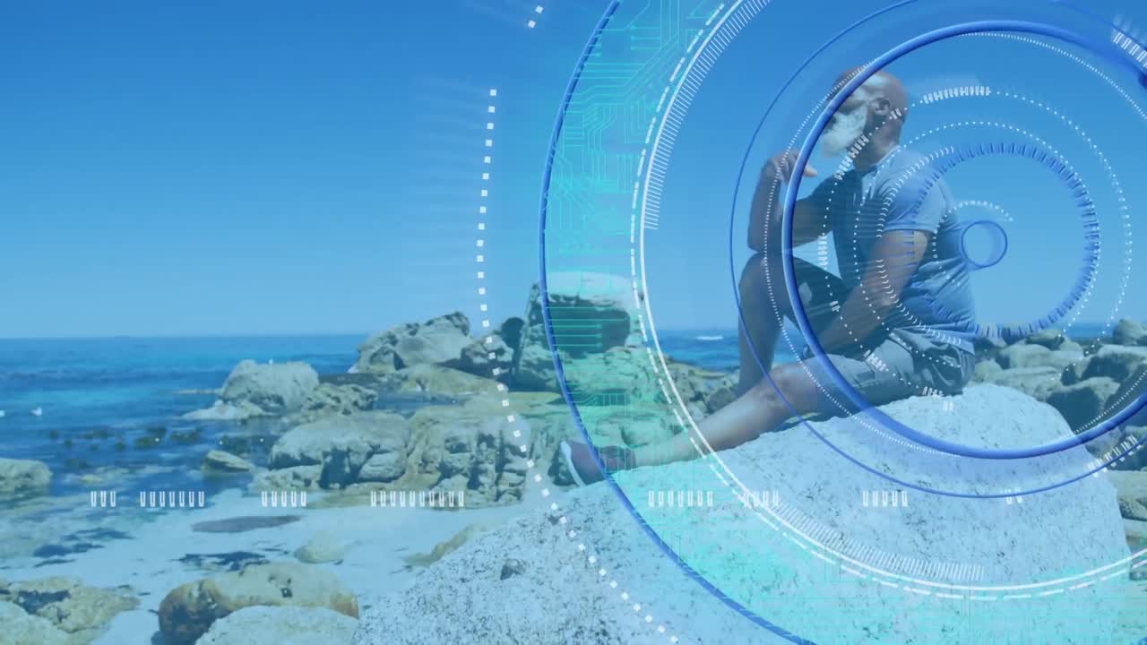 로딩 서클과 나침반의 애니메이션 바다 연안에 앉아 있는 적합한 아프리카계 미국인 노인