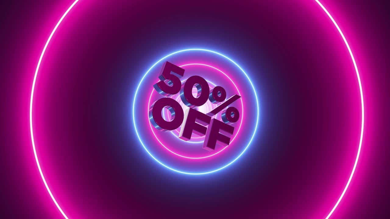 50% de descuento en el título de texto 3d, con fondo abstracto, luces de neón en forma de círculo animación de bucle.