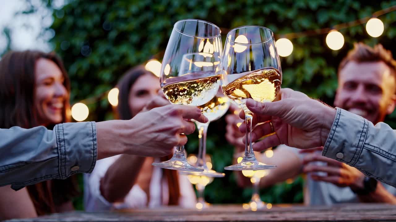 Casual outdoor gathering video with friends toasting wine glasses