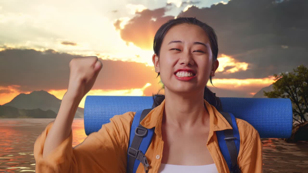 Close Up Of Asian Female Hiker With Mountaineering Backpack Screaming Goal Celebrating The Success While Standing At A Lake During Sunset Time