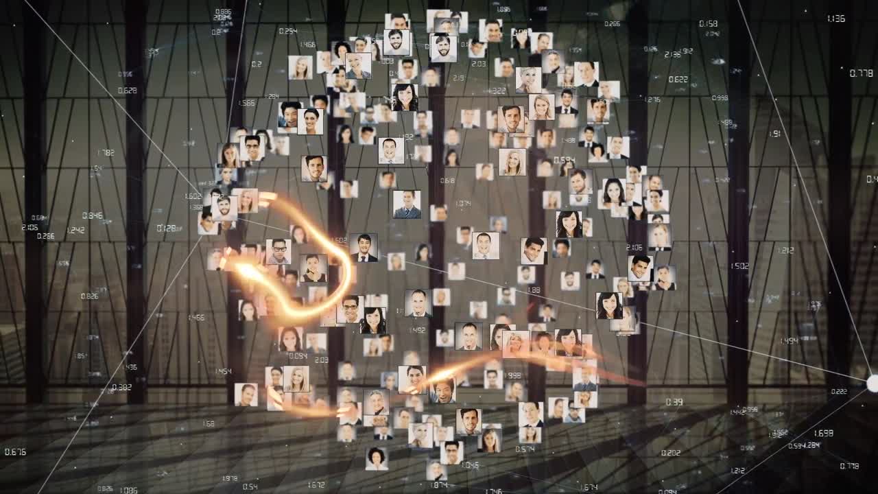 다양한 사람 아이콘과 창을 통해 연결의 네트워크와 함께 지구의 애니메이션