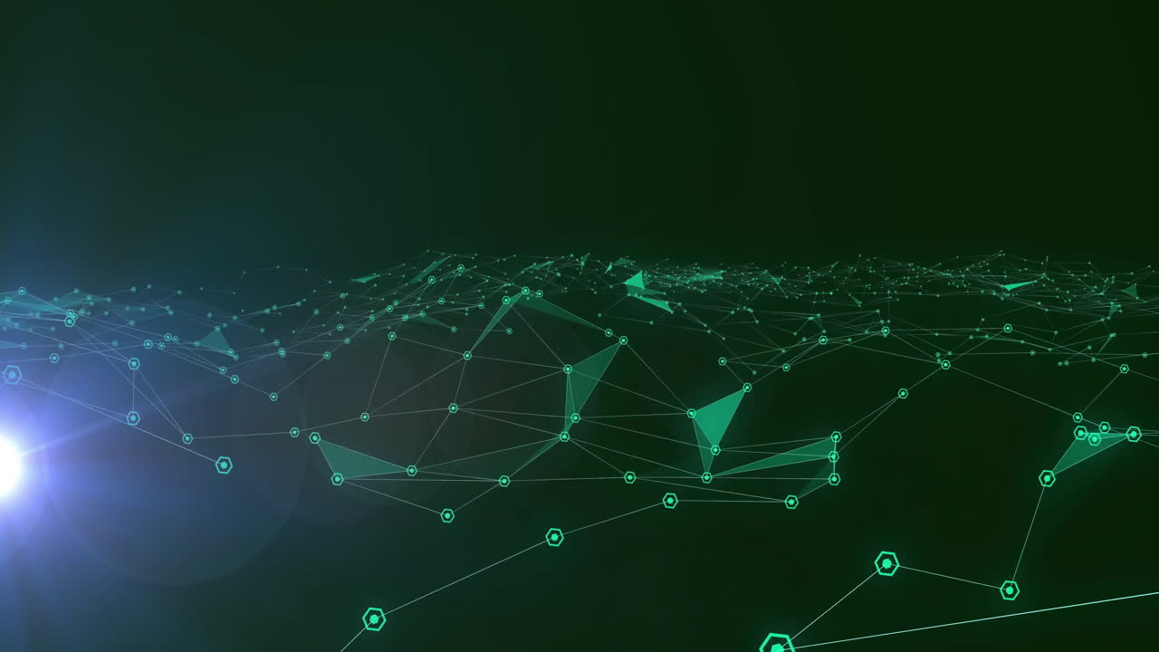 Network of connections and data processing animation over dark green background