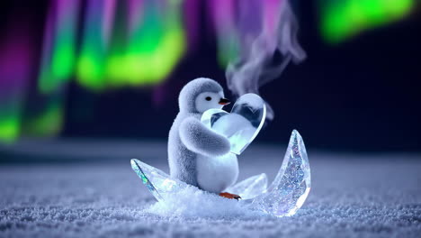 penguin with heart on ice, aurora background