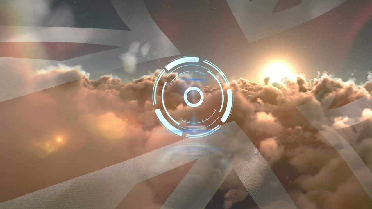 animación de la cerradura de la caja fuerte girando sobre la bandera del reino unido y el cielo nublado